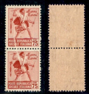 RSI - Definitivi - 1944 - 75 Cent (499) - Coppia Verticale Con Pieghe Di Carta In Diagonale - Gomma Integra - Sonstige & Ohne Zuordnung