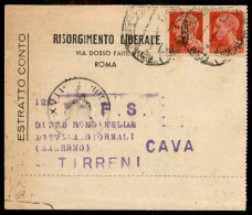 Luogotenenza - 20 Cent (537) - Coppia Su Estratto Conto Da Roma Del 9.7.45 - Sonstige & Ohne Zuordnung