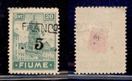 Occupazioni I Guerra Mondiale - Fiume - 1919 - 5 Franco Su 20 Cent (C75eaa) - Soprastampa Obliqua - Gomma Originale (100 - Andere & Zonder Classificatie