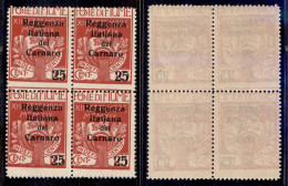 Occupazioni I Guerra Mondiale - Fiume - 1920 - 25 Su 10 Cent Reggenza (140-varietà) - Quartina - Dentellatura Spostata I - Andere & Zonder Classificatie