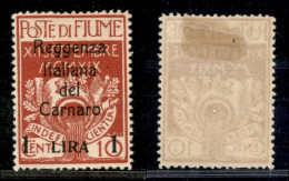 Occupazioni I Guerra Mondiale - Fiume - 1920 - 1 Lira Su 10 Cent Carnaro (143t) Senza Emblema Al Verso - Gomma Originale - Sonstige & Ohne Zuordnung