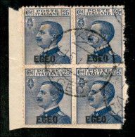 Colonie - Egeo - Emissioni Generali - 1912 - 25 Cent Michetti (1) - Quartina Usata A Kos Il 15.1.13 Su Frammento - Sonstige & Ohne Zuordnung