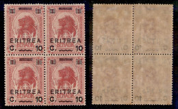 Colonie - Eritrea - 1922 - 10 Cent Su 1 Anna (58) In Quartina - Gomma Integra - Sonstige & Ohne Zuordnung