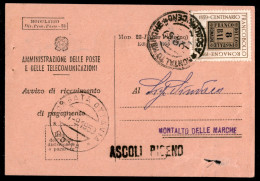 Repubblica - 25 Lire Francobolli Delle Romagne (875) Isolato Su Ricevuta Di Ritorno - Other & Unclassified