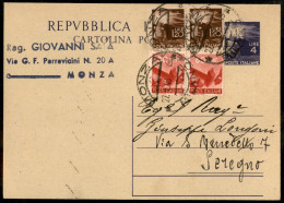 Repubblica - Cartolina Postale Fiaccola 4 Lire (C133) Affrancata Con Democratica Coppia 80 Cent + Coppia 1 Lira Da Monza - Other & Unclassified