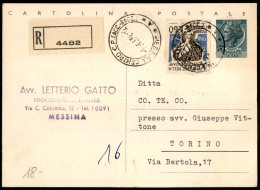 Repubblica - Cartolina Postale Siracusana 20 Lire Raccomandata E Affrancata Con Costituzione 60 Lire (C154) Da Messina 9 - Andere & Zonder Classificatie