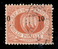 SAN MARINO - 1892 - 10 Cent Su 20 Stemma (11) Usato - Soprastampa Spostata (0 10) - Ben Centrato - Altri & Non Classificati