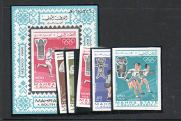 OLYMPICS -  MAHRA STATE - 1967 - MEXICO OLYMPICS SET OF 5 + S/SHEET IMPERF (mic 25/29B+bl2B)  MINT NEVER HINGED,  - Sommer 1968: Mexico