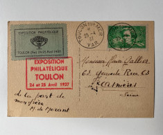 !!! FRANCE, CARTE COMMÉMO EXPOSITION PHILATÉLIQUE TOULON 1937 - Briefmarkenmessen