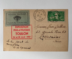 !!! FRANCE, CARTE COMMÉMO EXPOSITION PHILATÉLIQUE TOULON 1937 - Philatelic Fairs