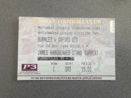 Burnley V Oxford United 1999-00 Match Ticket - Biglietti D'ingresso