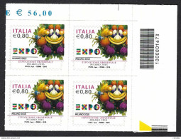Italia 2015 ; EXPO Milano 2015 "mascotte": Quartina Di Angolo Superiore Con L’ Unica Barra Del Foglio. - Bar Codes