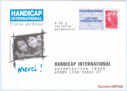 Entier FRANCE - PAP Enveloppe Postréponse Handicap International 09P506 Neuf ** - TVP Beaujard Rouge - Listos Para Enviar: Respuesta /Beaujard