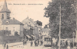 BEZONS (Val-d'Oise) - Quai De Seine Et Eglise - Tramway, Pharmacie Moderne - Voyagé 191? (2 Scans) - Bezons