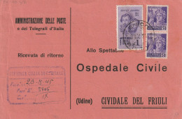 RICEVUTA DI RITORNO 1945 LUOGOTENENZA 1 F.BANDIERA+2X50 MON DIST TIMBRO MILANO (YK796 - Poststempel