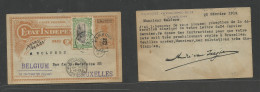 Belgian Congo. 1914 (25 Febr) Kambove - Belgium, Bruxelles (24 March) Ovptd 5c Stat Card + Adtl, Tied Cds, Arrival Along - Sonstige & Ohne Zuordnung