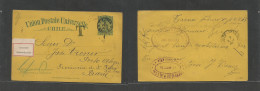 Chile - Stationery. 1886 (7 Feb) Tacna - Brazil, Porto Alegre (21 March) Via Rio (9 March) 2c Blue / Yellow Colon Stat C - Chile