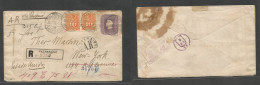 Chile. 1898 (26 Aug) Valp - USA, NYC (21 Sept) Via Panama. Registered AR 5c Lilac Wavy Paper + 2 Adtls, Tied Cds + Mns + - Cile