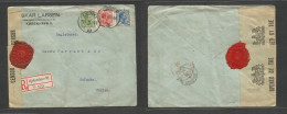 Denmark. 1919 (10 Jan) Cph - Ceylon, Colombo, Indian Ocean (16 Feb) Registered Tricolor Comercial Multifkd Env At 35 Ore - Andere & Zonder Classificatie