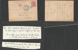 Bc - Cyprus. 1888 (Nov 30) Larnaca - Brighton, UK. QV 1d Rose Stat Card, Cds + French "Ligne N/pqbt 4" Cachet Alongside - Other & Unclassified