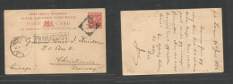 Bc - East Africa. 1898 (10 June) Pt. Lamu - Norway, Christiania (13 July) 1d Red Stat Card, Cancelled In Transit Via Ade - Autres & Non Classés