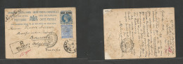 India. 1900 (1 Nov) Calcutta - Belgium, Brussels (16 Nov) Fast Trip. Registered 1a Blue Ovptd Stat Card + 2a Blue Adtl C - Andere & Zonder Classificatie