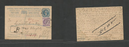 Delcampe - India. 1907 (5 March) Guntur - Germany, Leipzig. Registered QV 1a Blue Stat Card + 2a Lilac Adtl Tied Cds + R-cachet. Fi - Other & Unclassified
