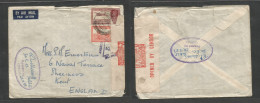 India. 1939 (29 Sept) Naval Officer Mail. Bombay - England, Kent, Sheeness. Air Multifkd Env, Special Oval Naval Censors - Other & Unclassified