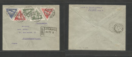 Latvia. 1933 (28 March) Liepaja - France, Villeurbane (1 April) Registered Multifkd Env (x5) Triangular Stamps, Tied Cds - Lettonia