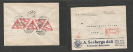 Latvia. 1936 (9 Nov) Riga Dz St - Germany, Jena (10 Nov) Registered Comercial Reverse Multifkd Triangular Air Issue Enve - Lettland
