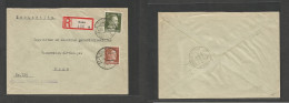 Latvia. 1944 (13 March) Nazi Occup. Rujen - Riga (14 March) Registered Ovptd Ostland Multifkd Envelope Arrival Cachet, T - Lettland