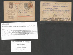 Lebanon. 1918 (16 Aug) Germany, Dresden - Lebanon, Beyrouth. Illustrated Germania Stat Card + Adtl, Tied Cds + Turkish C - Libanon