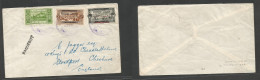 Lebanon. C. 1928. Multifkd Pqbt Mail Envelope To Stockport, England, Lilac Cachet "Citta De Bari" Cancelled On Transit A - Lebanon