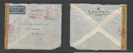 Dutch Indies. 1942 (30 Jan!) Batavia - USA, NYC. Comercial Machine Fkd Air Censored Envelope, Red Censor Cachet + Label. - Nederlands-Indië