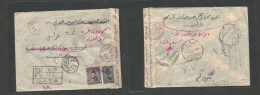 Palestine. 1949 (1 March) Gaza - Cairo - Antara (4 Febr) Registered Censored Multifkd Envelope, Red Overprinted Issue, T - Palestine