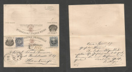 Peru. 1887 (17 Sept) Lima - Germany, Hamburg (20 Oct) Registered Multifkd Doble 5c Black Illustrated Stat Card On Way Ou - Peru