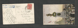 Peru. 1911 (31 July) Lima - UK, Brighton. Fkd San Martin Photo Card + Doble Blue Line Cachet "Por Vapor Mexico / Via Pan - Peru