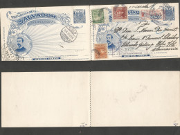 Salvador, El. 1897 (25 May) GPO - Germany, Koln (21 June) Registered Multifkd Doble 1c Blue Illustrated Stationary Card - Salvador