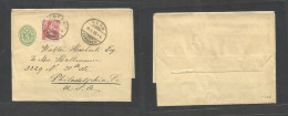 Switzerland - Stationery. 1908 (14 Jan) Bern - USA, Philadephia, PA. 5c Green Stat Complete Wrapper + 10c Red Adtl, Tied - Sonstige & Ohne Zuordnung