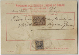 Brazil 1913 Money Order From Aracaju To Bahia Vale Postal Stamp 10$000 Definitive President Floriano Peixoto 300 Réis - Brieven En Documenten