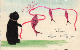 Chat Noir Humanisé * CPA Illustrateur RELIEF Feutrine * 1er Avril Poisson D'avril * Chats Cat Katze Noirs Humanisés - Katzen