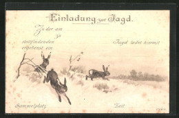 Lithographie Jagdeinladung Mit Hasen Im Winter  - Jagd