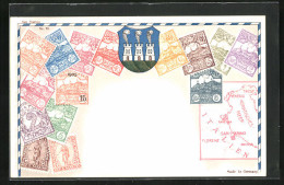 AK San Marino, Briefmarken, Wappen Und Landkarte  - Saint-Marin