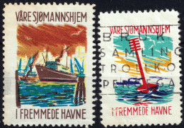 NORVÈGE / NORWAY - 2x "VÅRE SJØMANNSHJEM I FREMMEDE HAVNE" Poster Stamp (Norwegian Seamen's Homes In Foreign Ports) -VFU - Barcos