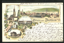 Vorläufer-Lithographie Dürkheim A. Haardt, 1895, Totalansicht, Colonnade, Kinderheilstätte, Schloss-Kirche  - Bad Duerkheim