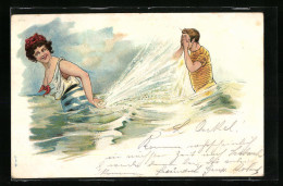 AK Frau Im Badeanzug Bespritzt Einen Mann Mit Wasser  - Mode
