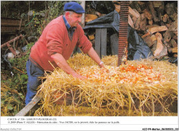 AJJP4-0360 - METIER - LOGUIVY-PLOUGRAS - FABRICATION DU CIDRE -Y. JACOB SUR LE PRESSOIR ETALE LES POMMES SUR LA PAILLE - Artisanat