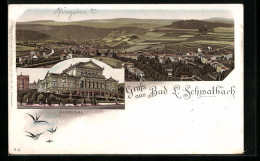 Lithographie Bad Langenschwalbach, Ortsansicht Aus Der Vogelschau, Kursaal  - Langen