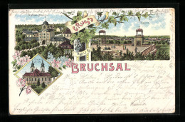 Lithographie Bruchsal, Kaserne, Peters-Kirche, Damianstor  - Bruchsal