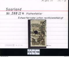 Saarland , 288 II , PLF / Abart - Siehe Foto - Marke Gelocht - Oblitérés